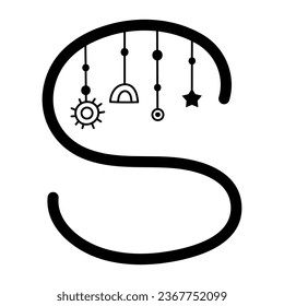 Boho styled letter s. Celestial lettering. Vector illustration.