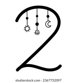Boho styled number 2. Celestial lettering digit. Vector illustration. 