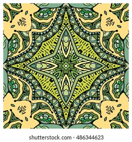 Boho stylized floral seamless pattern. Oriental hippie design. Decorative ethnic arabic, indian ornament. Wallpaper, fabric print, furniture textile, pillow deco background. Geometric seamless texture