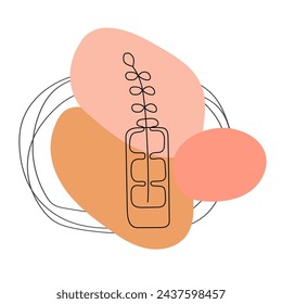Boho stylized hand drawn twig with leaves in a vase. Element for logo, business card, booklet