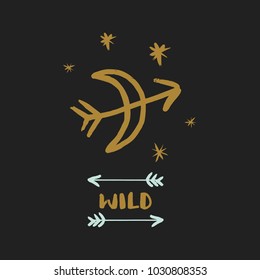 Boho stylized moon and stars print, stickers and other. Decor elements for scrapbooking, postcards, cards, posters, souvenirs. 
Vector, clip art and jpg. Isolated.