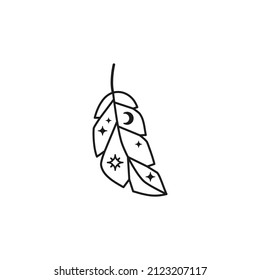 Boho stylized outline bird feather with moon and stars isolated on white background.
