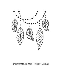 Boho stilisierte Umrisse-Vogelfedern und witzige Perlen einzeln auf weißem Hintergrund. Tribal-Illustration.
