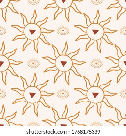 Boho summer abstract stock seamless pattern with various shapes, moon, quartz, floral, eye, rainbow and other magical and lunar elements. Vector illustration.