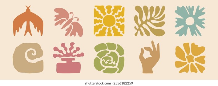 boho summer beach doodle retro drawing icon set. Hand drawn groovy geometric sun, bird, flower, leaf. abstract square tropical icons in freehand retro hand drawn style. Vector illustration