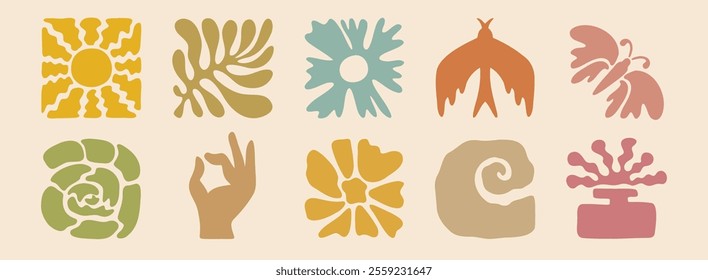 boho summer beach doodle retro drawing icon set. Hand drawn groovy geometric sun, bird, flower, leaf. abstract square tropical icons in freehand retro hand drawn style. Vector illustration