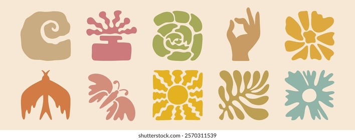 boho summer beach doodle retro drawing icon set. Hand drawn groovy geometric sun, bird, flower, leaf. abstract square tropical icons in freehand retro hand drawn style. Vector illustration