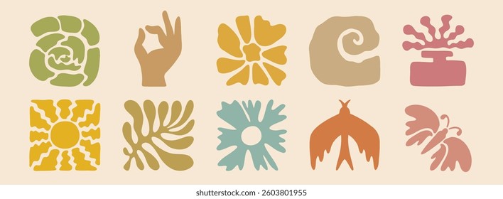 boho summer beach doodle retro drawing icon set. Hand drawn groovy geometric sun, bird, flower, leaf. abstract square tropical icons in freehand retro hand drawn style. Vector illustration