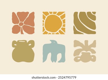 Conjunto de ilustración de playa de verano Boho. Sol geométrico Groovy, conchas marinas, pájaro, macetas y flores. Iconos tropicales cuadrados Abstractas del Vector en estilo retro a mano alzada para el logotipo, impresión, patrón, cartel, Diseño web