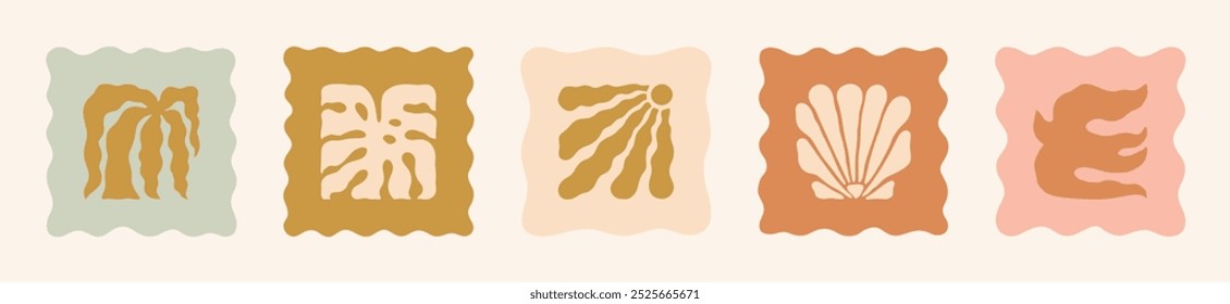 Conjunto de ilustración de playa de verano Boho. Groovy Palm, Sol, Concha, Pájaro, Hoja de Monstera. Iconos tropicales cuadrados Abstractas del Vector en estilo retro a mano alzada para el logotipo, impresión, patrón, cartel, Diseño web