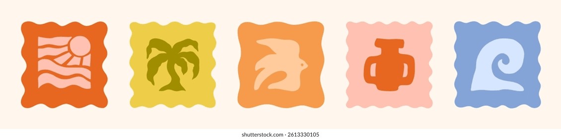 Boho Summer Beach Illustration Set. Groovy Geometric Sun, Palm Tree, Sea Waves, Bird and Pot. Vector Abstract Square Tropical Icons in Freehand Retro Style for Logo, Print, Pattern, Poster, Web Design