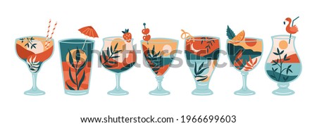 Boho summer cocktail set. Abstract landscape background in cocktail glasses. Summer template for poster, banner or greeting card design