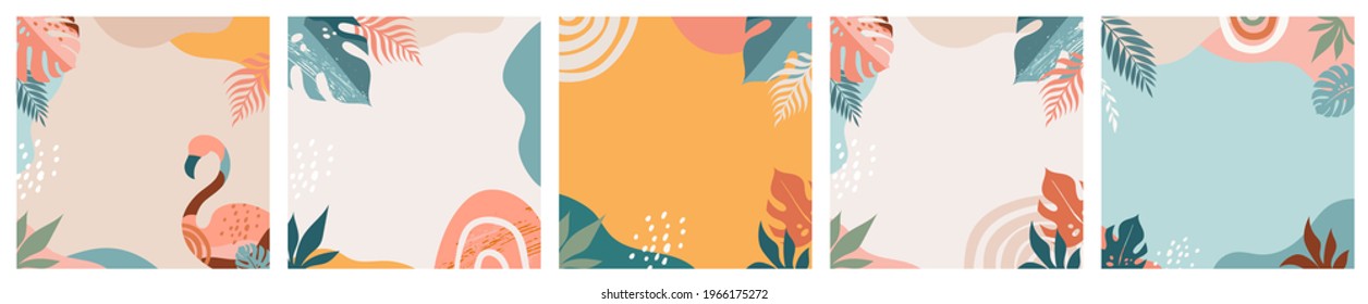 Boho Summer Fun, set of modern summer sale social media post templates, abstract design with flamingo, rainbows, tropical leaves and liquid organic shapes