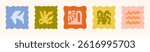 Boho Summer Icons in Retro Style. Vector Abstract Simple Tropical Illustrations Bird, Sun, Sea Wave and Flower for Logo, Patterns, T-Shirt Print, Stickers, Social Media Post and Stories