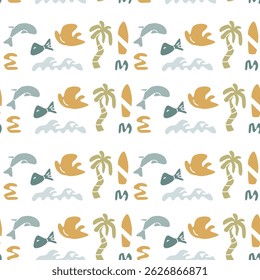 Boho summer pattern with palm trees and beach elements for creative design.