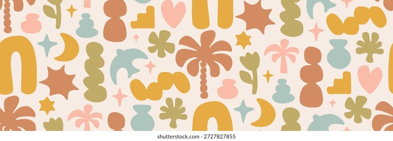 Patrón de verano boho. Palmeras tropicales, nubes, corazones, macetas de cerámica, flores hermosas sin costura bolsa de playa. Diseño escandinavo. Formas orgánicas, vibraciones retro, y patrón de verano costero. Iconos de pájaro y brillo