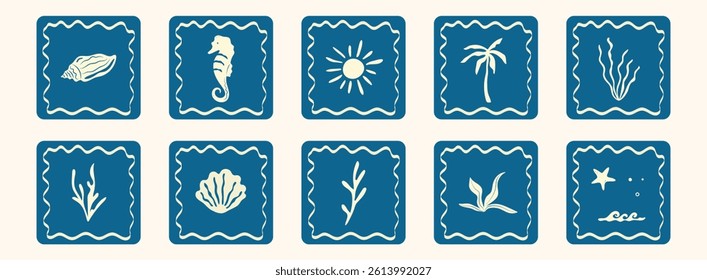 Boho summer posters. Flat summer beach background. Hand drawn palm tree, seashells, sun sea, wave, corals, marine icon. Tropical retro groovy surf club. Minimalist isolated vector illustration.
