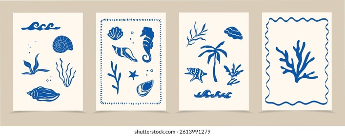 Boho summer posters with marine icons. Flat summer beach background. Hand drawn palm tree, seashells, sun sea, wave, corals. Tropical retro groovy surf club. Doodle isolated vector illustration.

