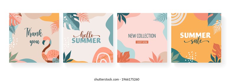 Boho Summer Sale, set of modern summer sale social media post templates, abstract design with flamingo, rainbows, tropical leaves and liquid organic shapes