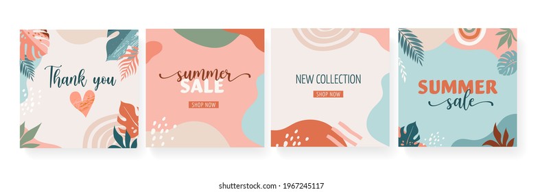 Boho Summer Sale, set of modern summer sale social media post templates, abstract design with rainbows, tropical leaves and liquid organic shapes