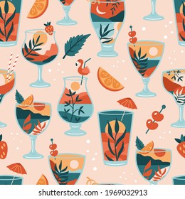 Boho Summer Seamless Pattern Background With Cocktail Glasses And Abstract Beach Landscape. Summer Template For Wrapping Paper, Textile, Wallpaper And Cards Design