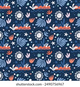 Boho Summer seamless pattern on navy backdrop. Tropical island sunset aesthetic. Summertime beach vacation background. Hand drawn dark colored vector illustration.