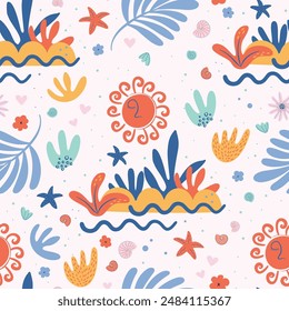 Boho Summer seamless pattern. Tropical island sunset aesthetic. Summertime beach vacation background. Hand drawn colorful vector illustration.