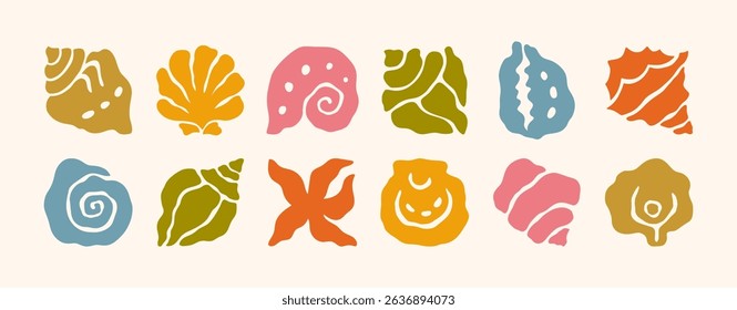 Boho Summer Seashells Icons in Retro Style. Groovy Geometric Shells, Sea Star, Snail, Scallop. Vector Abstract Square Tropical Illustration in Freehand for Logo, Patterns, T-Shirt Print, Stickers