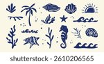Boho summer set. Naive geometric palm tree, seashells, sun sea, wave, corals for icon, collage. Tropical retro groovy surf club, summer beach background. Hand drawn isolated vector illustration.