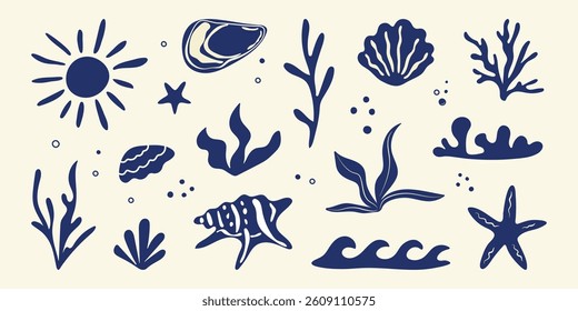 Boho summer set. Naive geometric palm tree, seashells, sun sea, wave, corals for icon, collage. Tropical retro groovy surf club, summer beach background. Hand drawn isolated vector illustration.
