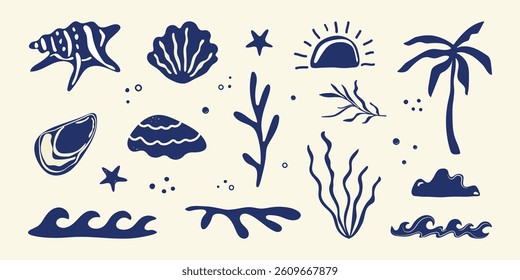 Boho summer set. Naive geometric palm tree, seashells, sun sea, wave, corals for icon, collage. Tropical retro groovy surf club, summer beach background. Hand drawn isolated vector illustration.