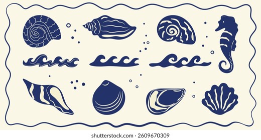Boho summer set. Naive geometric wave, sun sea, seashells, corals for icon, collage, sticker, poster. Tropical retro groovy surf club, summer beach background. Hand drawn isolated vector illustration.