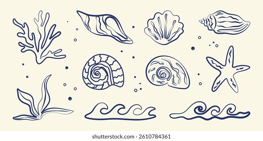 Boho summer set. Naive geometric palm tree, seashells, sun sea, wave, corals, marine icon. Tropical retro groovy surf club. Flat summer beach background. Hand draw hawaiian isolated vector illustratio
