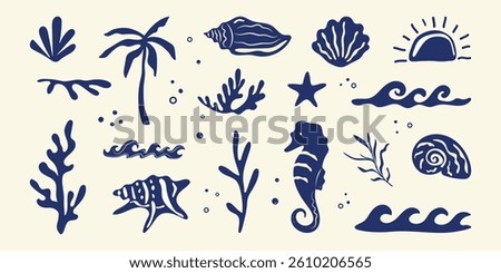 Boho summer set. Naive geometric palm tree, seashells, sun sea, wave, corals for icon, collage. Tropical retro groovy surf club, summer beach background. Hand drawn isolated vector illustration.