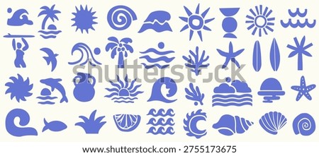Boho summer set. Naive spiritual geometric palm tree, sun, sea, waves and corals emblem. Tropical retro surf prints, summer beach label, naive vignetting silhouette. Hand drawn vector illustration.