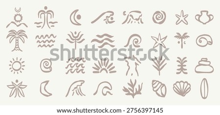 Boho summer set. Naive spiritual geometric palm tree, sun, sea, waves and corals emblem. Tropical abstract surf prints, summer beach label, naive vignetting silhouette. Hand drawn vector illustration.