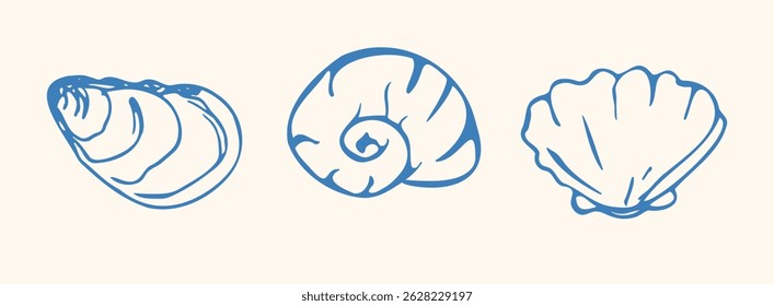 Boho summer shell set. Hand drawn ink seashells, marine icon for poster, banner, design Italian menu, surf club. Coastal minimalist isolated vector illustration.