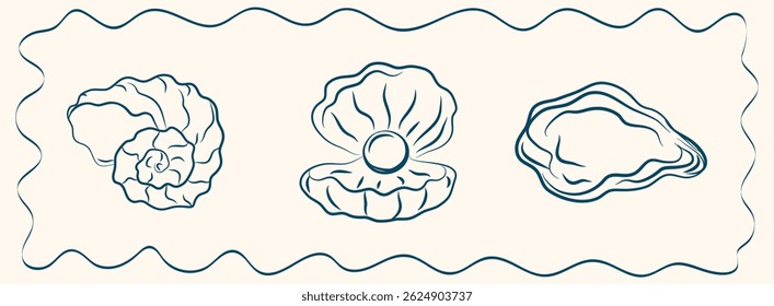 Boho summer shells. Hand drawn seashells, marine icon for poster, banner, design menu, italy vacation. Flat summer beach background. Vintage tropical retro groovy surf club. Minimalist isolated vector
