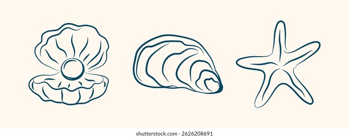 Conchas de verão Boho. Conchas desenhadas à mão, ícone marinho para cartaz, banner, menu italiano design. Plano de fundo de praia de verão. Clube de surf retro tropical vintage. Ilustração de vetor isolada minimalista.