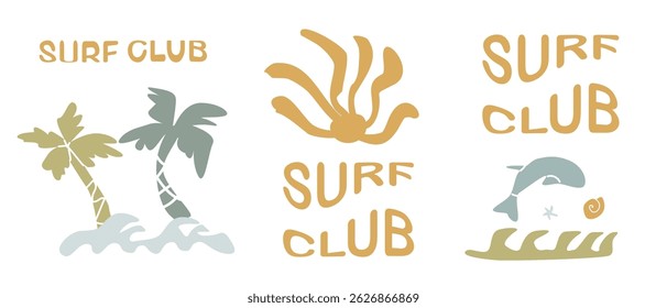 Boho summer surf club design elements in earth tones for beach-themed projects.