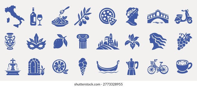 Boho summer vibes Italy set. Retro beach elements, palm tree, wave, seashell, seafood, statues, bike, boat, girl, naive vignetting silhouette. Hand drawn vector illustration.