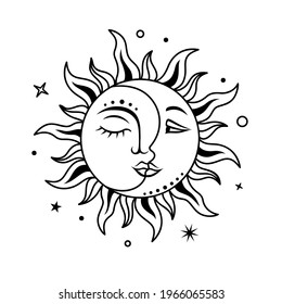 Boho sun amd moon. Celestial mystical silhouette design. Symbols of magic, esoteric and alchemy. Sun with face. Vector monochrome illustration.