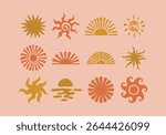 Boho sun collection. Sun hand drawn doodles organic shapes. Summer sunshine