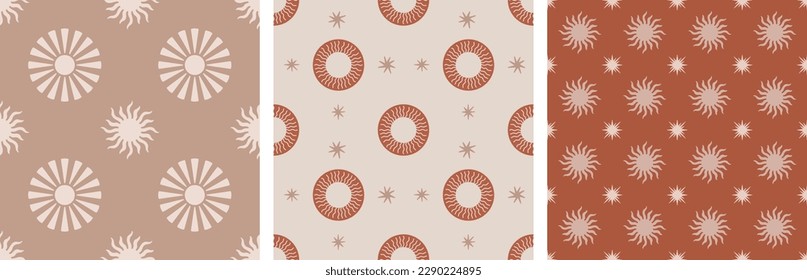 Boho Sun Earthy Warm Tones Nursery Seamless Pattern Hand-Drawn Illustration Vector Set Of 3 Gender Neutral Designs