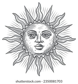 Boho Sonne mit Gesicht. Astrologie, Solarsymbol. Esoterisches und okkultes Zauberzeichen. Gravieren von Vintage, Vektorgrafik