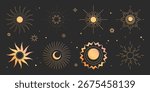 Boho sun gold collection with celestial rays and mystical moon phases for spiritual designs. Ornamental starbursts with gradient metallic tones and decorative dots for astrology or tarot graphics.