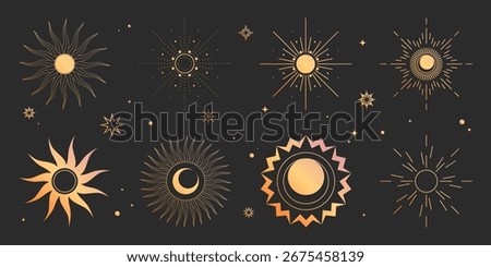 Boho sun gold collection with celestial rays and mystical moon phases for spiritual designs. Ornamental starbursts with gradient metallic tones and decorative dots for astrology or tarot graphics.