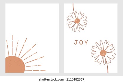 Boho sun and hand drawn daisy flower on white backgrounds vector illustration. Wall art decoration.