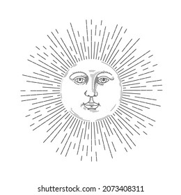Boho sun icon, bohemian style tattoo design. Black linear hand drawn art