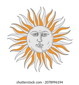 Boho sun icon, bohemian style design. Linear hand drawn art